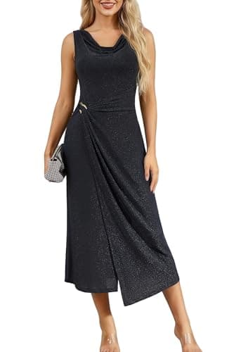Autumn Flowerwall Women's Sleeveless Bodycon Midi Dress with Metal Buckle Elegant Cowl Neck Ruched Waist Wedding Guest Cocktail Formal Party Slit Dress Black Medium - Image 1