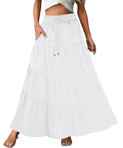 ECOWISH Women Boho Maxi Skirt: Summer Asymmetric Tiered Drawstring Elastic High Waist A-Line Flowy Long Skirts with Pockets 441 White L - Image 1