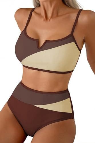 Herseas Women's High Waisted Bikini Sets V Wire Colorblock 2 Piece Scoop Neck Slimming Swim Suits Spaghetti Straps Bathing Suit Modest 2026 Summer Cruise Outfits Brown XX-Large - Image 1