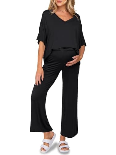 Tankaneo Womens Maternity Pajamas 2 Piece Lounge Set Soft Short Sleeve V Neck T-shirt Cropped Pants Pregnancy Loungewear, Black, Medium - Image 1