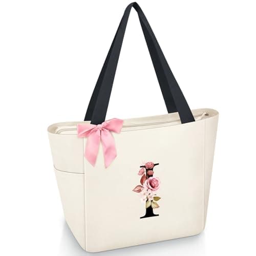 Vavabox Tote Bag, A-Z Initial Monogrammed Waterproof Tote Bag, Bridesmaid Gifts for Women, Black and Pink (I, Beige) - Image 1