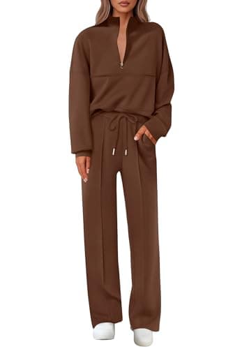 Lazysmile 2 Piece Sets For Women Lapel Half Zip Sweatshirt and Wide Leg Long Pants Sweatsuit Lounge Sets Workout Sets - Image 1