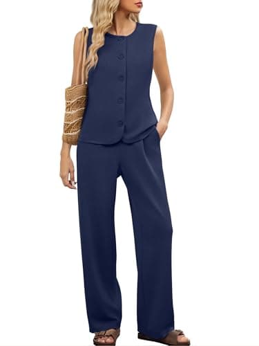 Casly Lamiit 2 Piece Outfits for Women Dressy Casual Lounge Sets Sleeveless Vest Wide Leg Pants Suits Travel Airport Office Work Outfit Navy Blue 2XL - Image 1