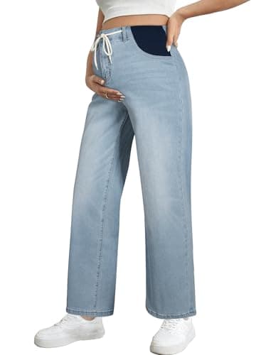 BLENCOT Women's Maternity Jeans Drawstring High Waist Wide Leg Denim Work Pants Pregnancy Clothes Sky Blue Small - Image 1