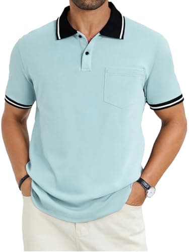 LuxMania Men's Casual Short Sleeve Polo Shirts Classic Button Summer Collared Cotton Golf Top with Pocket Light Green XL - Image 1