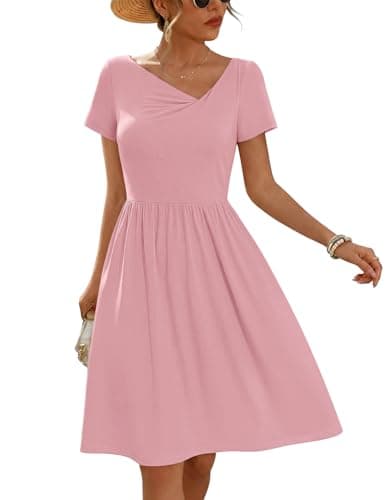 MEROKEETY Women's Summer Asymmetrical V Neck Sundress 2026 Short Sleeve Casual Ruched A Line Beach Vacation Mini Dresses, Pink, X-Large - Image 1