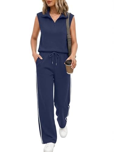 Casly Lamiit Two Piece Outfits for Women Airport Lounge Set Summer 1/2 Zip Tank Tops Wide Leg Track Pant Sets Jogger Lounge Sets Navy Blue XS - Image 1