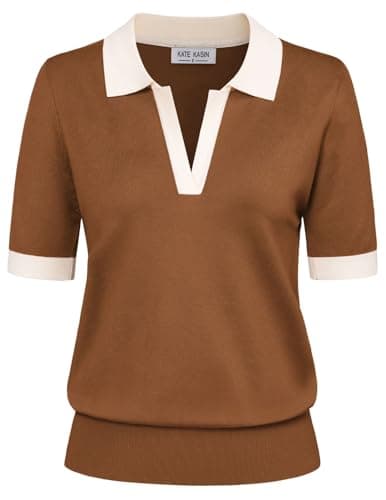 Kate Kasin Women Summer Color Block Knitted Tee Shirt Casual Short Sleeve Ribbed Hem Sweater Tops Rust L - Image 1