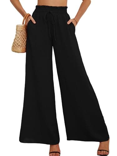 AusLook Women's Wide Leg Dress Pants with Pockets Black Large Lightweight Elastic High Waisted Adjustable Tie Knot Flowy Loose Slacks Lounge Casual Ladies Beach Pleated Trousers - Image 1