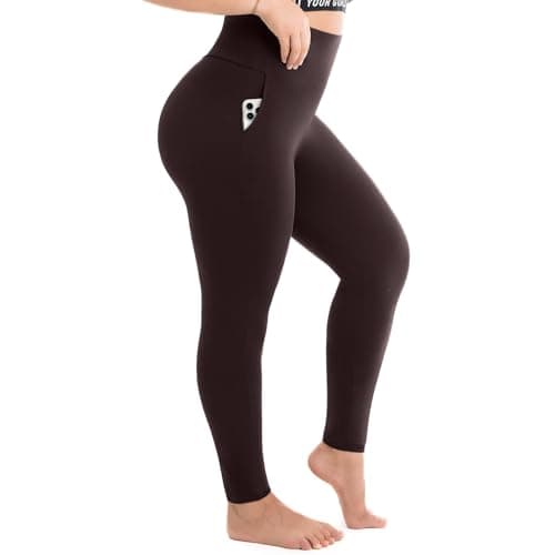 SINOPHANT Plus Size Leggings with Pockets for Women, Women's High Waisted Stretchy XXL-4XL Leggings for Gym Workout Brown XXL - Image 1