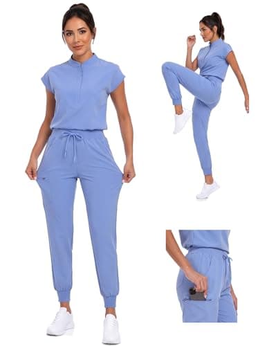 VECARDI Women's Scrub Jogger Pants High Waisted Stretch Nurse Work Bottoms 5 Pockets Elastic Waist Slim Fit Ceil Blue - Image 1