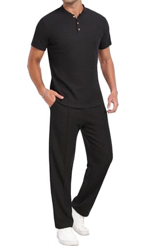 PrinStory Men's Short Sleeve Outfits Waffle Knit Henley Shirt and Pants Set Casual 2 Pieces Summer Tracksuits with Pockets Black-XL - Image 1