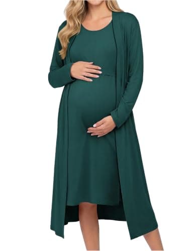 Ekouaer Maternity Nursing Gown and Robe Set Labor Delivery Hosptial Nursing Dress Pregnancy Clothes Dark Green L - Image 1