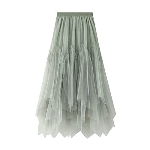 Women's Tulle Skirt Formal High Low Asymmetrical A-Line Fairy Elastic Waist Layered Long Midi Skirts Green - Image 1