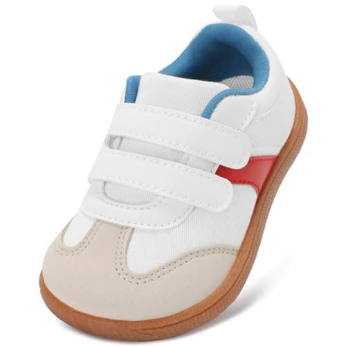 STQ KIDS Toddler Wide Toe Box Shoes Barefoot Boys Girls Sneakers Zero Drop Kid Tennis Running Shoes Lightweight First Walking Shoe Outdoor Activities School White Red Size 5 - Image 1