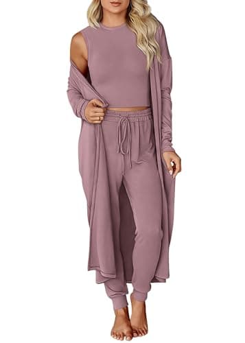 KIRUNDO 3 Piece Lounge Sets for Women Airport Travel Vacation Outfits 2026 Fall Cardigan Matching Sleeveless Top Jogger Pants(Mauve, Medium) - Image 1