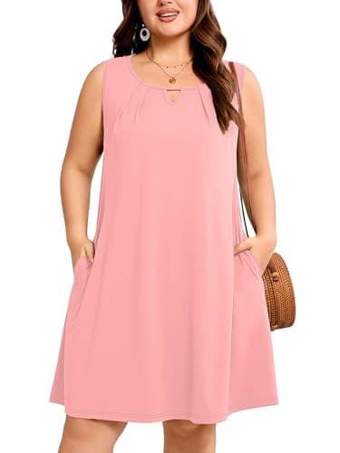 AusLook Plus Size Summer Midi Dress for Women Sleeveless Casual A Line Swing Pink 4X Dress with Pockets Keyhole Neck Solid Color Vacation Beach Travel Dress - Image 1