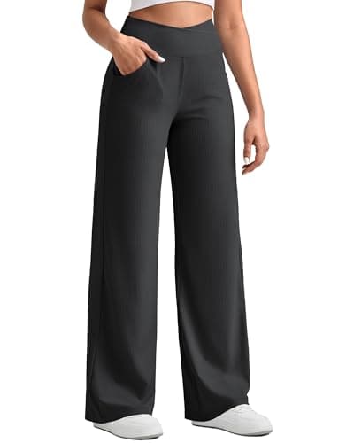 G4Free Wide Leg Pants for Women Cross Waist Stretchy Yoga Pants with Pockets Breathable Lightweight Ribbed Casua Lounge Trousers(Black L 31") - Image 1