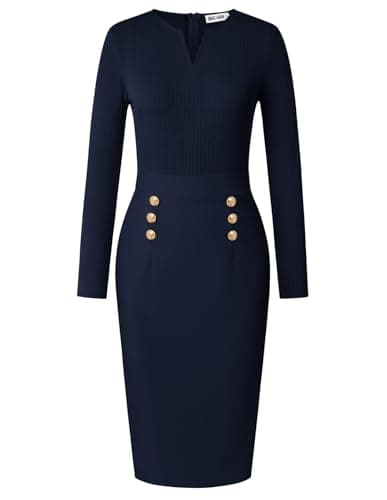GRACE KARIN Women's 2026 Fall Henly V Neck Business Work Dress Long Sleeve Bodycon Midi Elegant Office Sheath Dress Navy Medium - Image 1