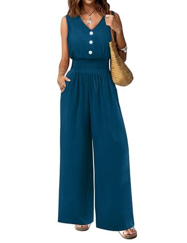 LOOKBOHO Womens Dressy Summer Jumpsuits Casual V Neck Sleeveless High Waist Wide Leg Pant Rompers One Piece Outfits M - Image 1