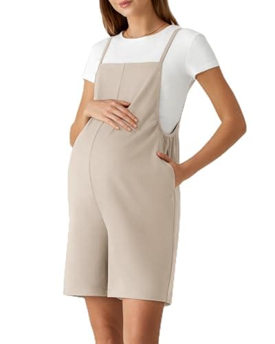 G4Free Maternity Jumpsuit with Pockets Stretchy Lounge Pregnancy Shorts Overalls Sleeveless Adjustable Strap Pregnancy Romper(Light Khaki,S) - Image 1