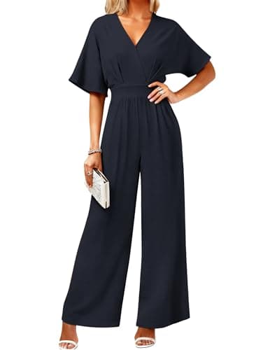 LOOKBOOK Womens Jumpsuit V Neck Batwing Sleeve Belted High Waist Wide Leg Romper with Pockets One Piece Casual Outfits Navy S - Image 1