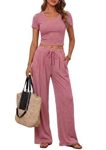 PRETTYGARDEN 2 Piece Sets for Women Summer 2026 Spring Lounge Set Matching V Neck Tops Wide Legs Pants Airport Travel Outfits (Pink,X-Large) - Image 1