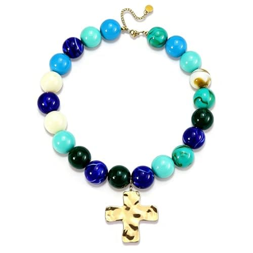ANGLEQUEEN Chunky Beaded Necklace for Women, Gold Cross Large Colorful Resin Boho Statement Necklace, Summer Beach Daily Dress Jewelry (Cross-B)