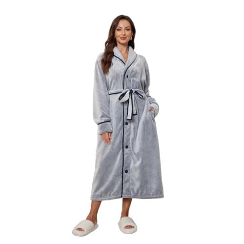 RONGTAI Women's Plush Fleece Robe with Buttons - Extra Long & Plus Size Winter Bathrobe for Women, Cozy Hooded Loungewear (US, Alpha, XX-Large, Regular, Regular, Navy) - Image 1