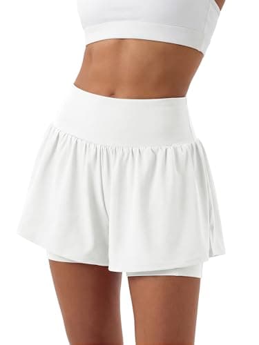 Stelle Women 2 in 1 Running Shorts Flowy Athletic Short High Waisted Workout Tennis Gym Short with Liner Pockets (White, XS) - Image 1