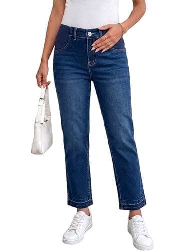 BLENCOT Women's Maternity Jeans Mid-Rise Elastic Waist Stretchy Pregnancy Denim Work Pants Ankle Straight Leg Plus Size Casual Bottoms with Pockets Small Sail Blue - Image 1