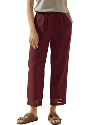 Acelitt Women's Fashion 2026 Casual Linen Pants Lightweight Drawstring Elastic High Waist Spring Summer Ankle Cropped Pants Trousers Red Small - Image 1