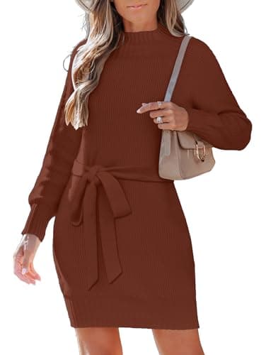SunnyMelody Womens Mock Turtleneck Self Tie Waist Belt Sweater Dress Fall Winter 2025 Trendy Business Casual Outfits Ladies Dressy Ribbed Knit Long Sleeve Mini Dresses Orange Burnt Red S - Image 1