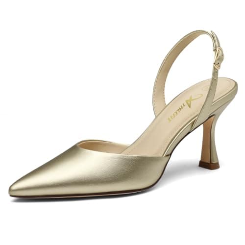 Athlefit Closed Pointed Toe Heels for Women Dress Work Wedding Party Slingback Stiletto Pumps Shoes Gold PU Size 9.5, SAPU2606W