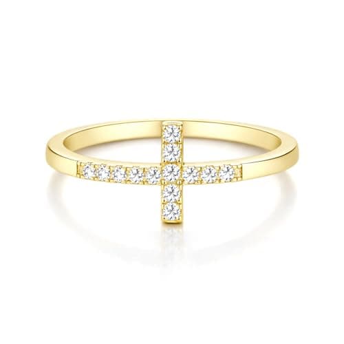 TOPROO 14K Gold Plated Cross Rings,925 Sterling Silver Hypoallergenic Rings With Cubic Zirconia Unique Anniversary Band Rings for Her (14K Gold, 6) - Image 1