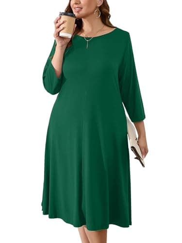 AusLook Women's Plus Midi Dresses Crew Neck A Line 3/4 Sleeves Casual Elegant Loose Flowy Wedding Guest Maternity Vacation Beach Green 1X Dress with Pockets - Image 1