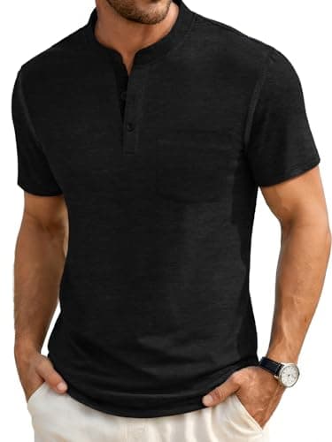 Humordream Mens Henley Shirts Short Sleeve T Shirt Summer Casual Shirt with Pocket Black - Image 1