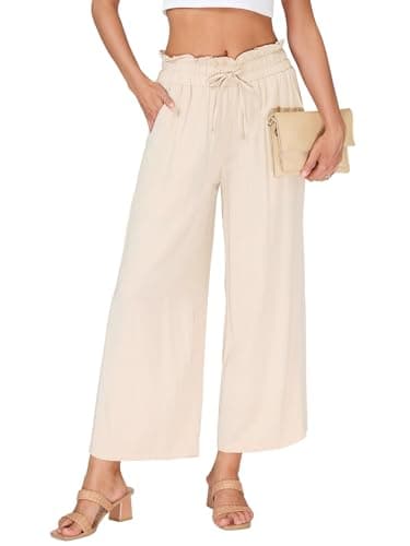 VUTRU Womens Wide Leg Casual Pants Summer High Waisted Elastic Flowy Travel Lounge Beach Lightweight Trousers with Pockets, Light Khaki XL - Image 1