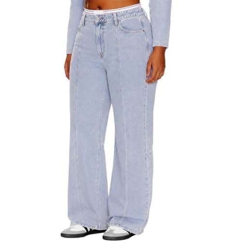 MARIASHA Pull On Women's Wide Leg Jeans High Waisted Stretchy Buttoned Denim Pants Jean Light Blue L - Image 1