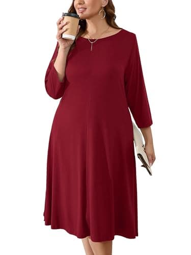 AusLook Women's Plus Midi Dresses Crew Neck A Line 3/4 Sleeves Casual Elegant Loose Flowy Wedding Guest Maternity Vacation Beach Burgundy 5X Dress with Pockets - Image 1