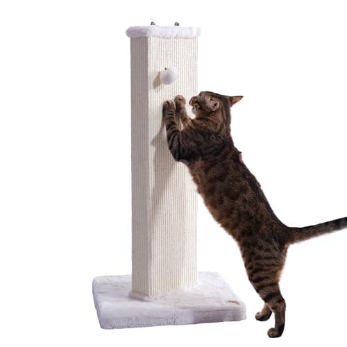 Sopapets Cat Scratching Post 32.7 Inches with Natural Sisal Rope, Sturdy Cat Scratcher for Indoor Cats & Kittens, Hanging Toy Ball, White