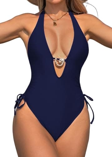 WODECASA Women‘s Sexy One Piece Swimsuit Halter Deep V Neck Side Drawstring Ruched High Cut Tummy Control Bathing Suit Monokini - Image 1