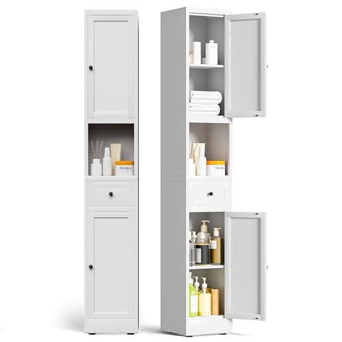 BIZOEIRON 71 Inch Tall Narrow Bathroom Storage Cabinet, Slim Metal Freestanding Floor Cabinet with Doors, Adjustable Shelves, Drawer & Open Shelf, Bathroom Organizer for Small Spaces, White - Image 1