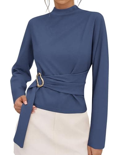 PRETTYGARDEN Women Blouses 2026 Fall Dressy Mock Neck Long Sleeve Work Shirts Buckle Belted Tunic Business Casual Tops(Grey Blue,Medium) - Image 1