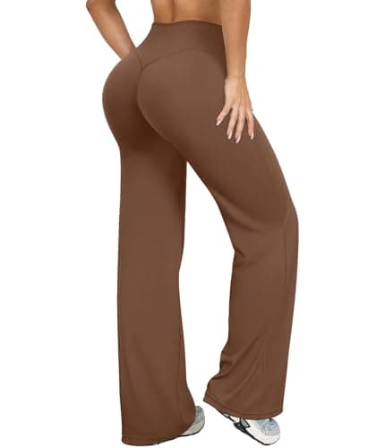 YOAKUKA Women's Wide Leg Workout Pants High Waisted Yoga Pants Stretch Straight Leg Trousers Athletic Sweatpants Coffee - Image 1