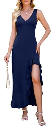 WEACZZY Womens V Neck Sleeveless Backless Casual Flowing Wedding Guest Dress Maxi Dress Elegant Party Club Long Dress,Navy Blue,S - Image 1