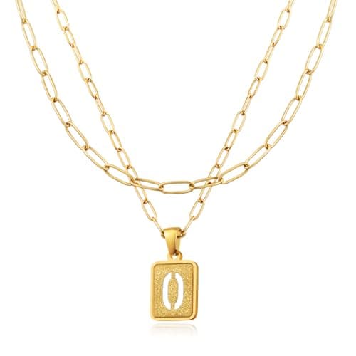 LETFLY Initial Gold Necklaces for Women, 18K Gold Plated Letter Layering Necklace Square Shaped Pendant with Adjustable Paperclip Chain for Womens Jewelry Gifts Alphabets O - Image 1