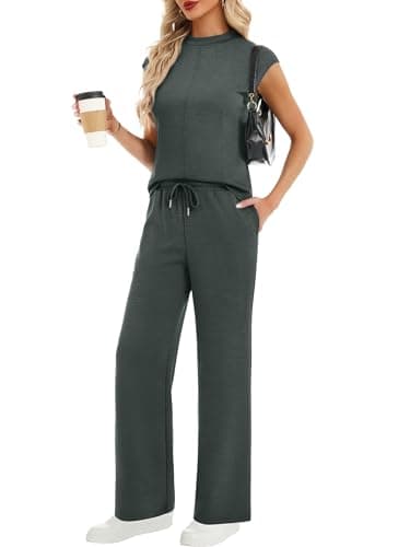 Casly Lamiit Two Piece Sets for Women Casual Summer Outfit Lounge Short Cap Sleeve Wide Leg Pants Set Beach Vacation Travel Outfits Dark Grey Green 2XL - Image 1