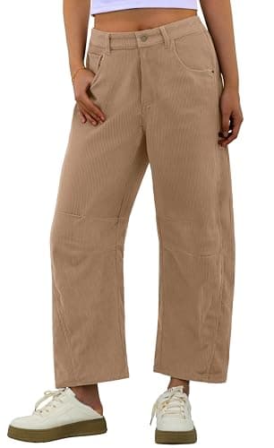 IWOLLENCE Women's Corduroy Barrel Pants Mid-Rise Elastic Waist Casual Cord Wide Legs Baggy Pant with Pockets Trendy Fall Khaki, 2XL - Image 1