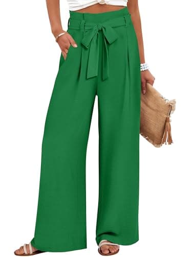 ANRABESS Womens Wide Leg Palazzo Pants Belted High Waisted Business Casual Flowy Long Trousers with Pockets Green-M - Image 1